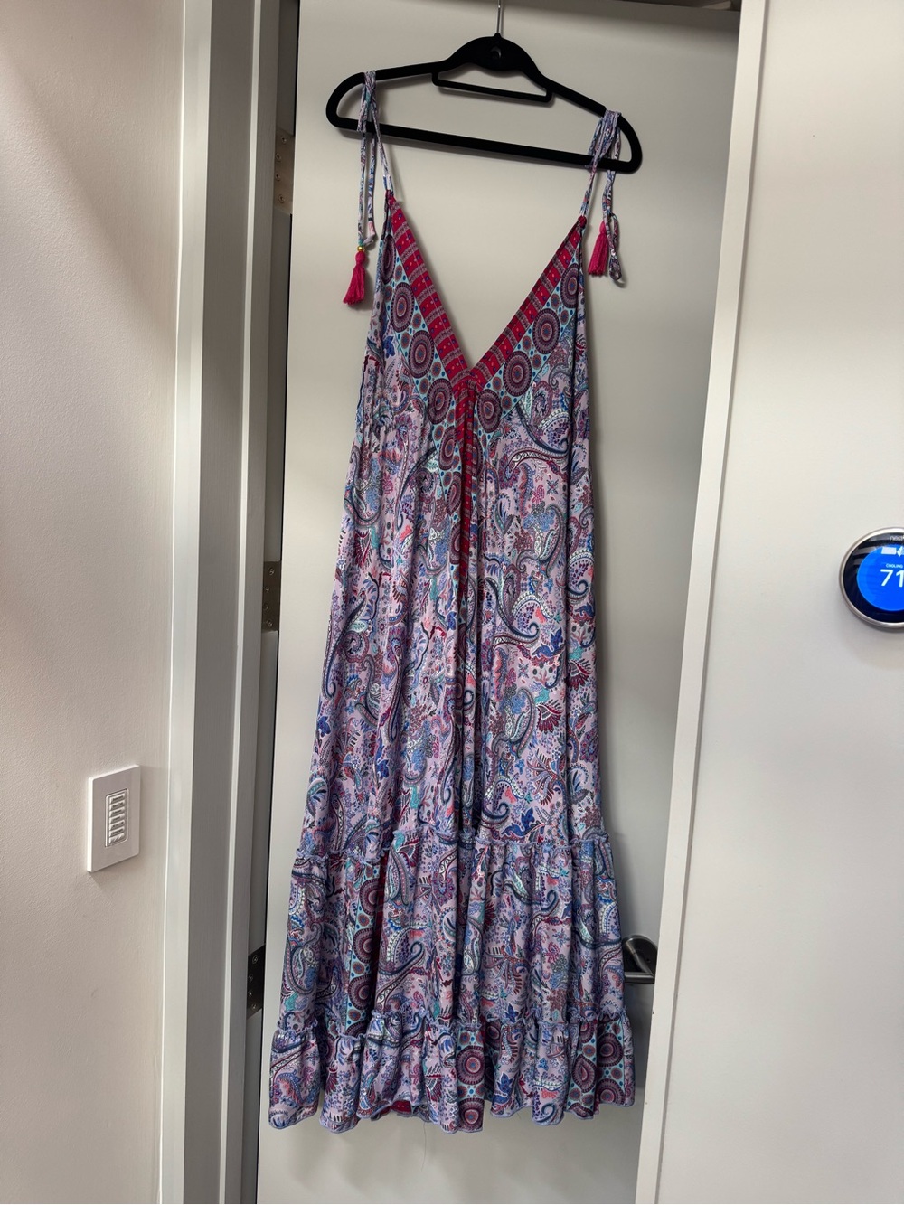 Paisley Print Midi Dress with Tassel Straps - Pink & Blue
